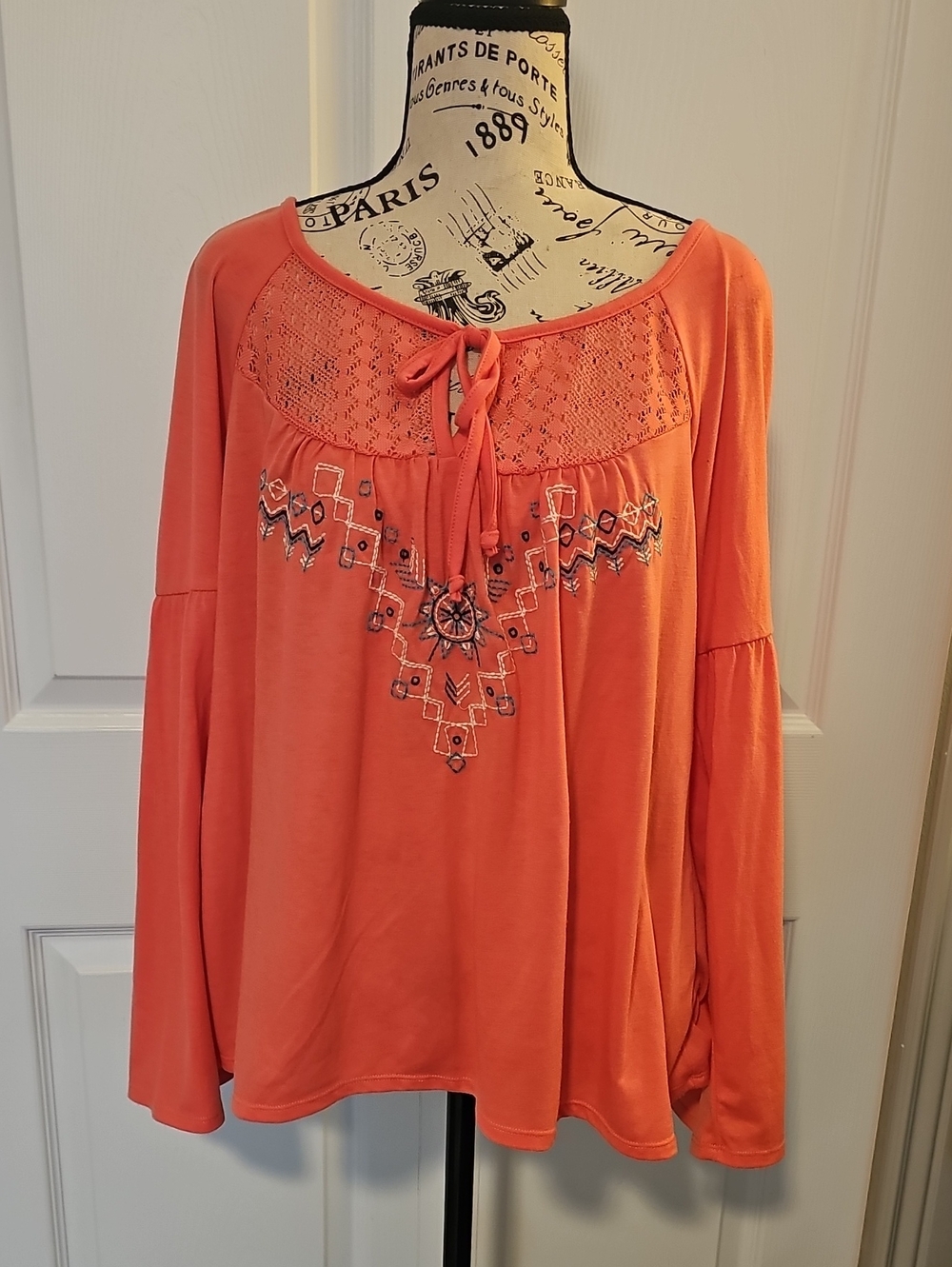 Self Esteem Coral Embroidered Tie-Neck Tunic